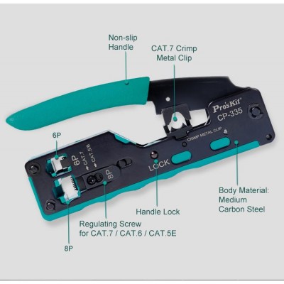 CP-335 Crimpadora modular para conectores RJ11/12 y RJ45 Cat.7/6/5 de Proskit