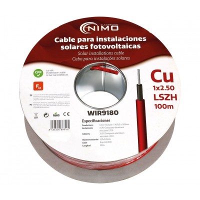 Cable para energía solar Cu-Sn 2,5mm² XLPE LSZH Rojo 100m