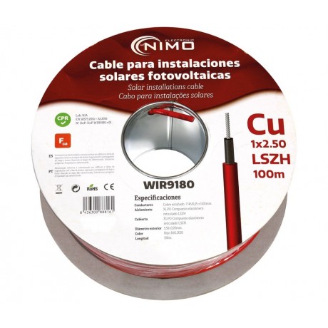 Cable para energía solar Cu-Sn 2,5mm² XLPE LSZH Rojo 100m