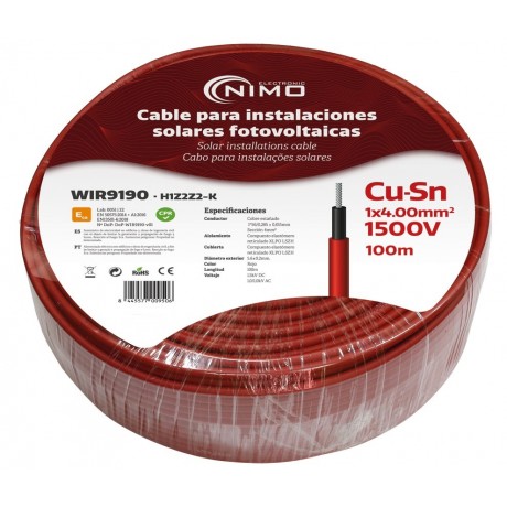 Cable para energía solar Cu-Sn 4mm² Doble capa XLPO Rojo 100m