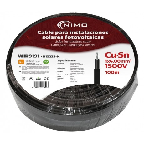 Cable para energía solar Cu-Sn 4mm² Doble capa XLPO Negro 100m